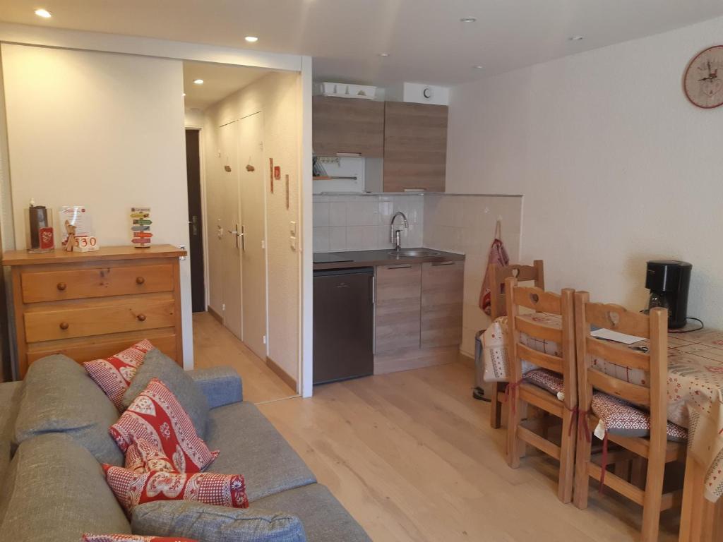 萊德薩阿爾卑斯的住宿－Studio Les Deux Alpes, 1 pièce, 3 personnes - FR-1-516-132，带沙发的客厅和厨房