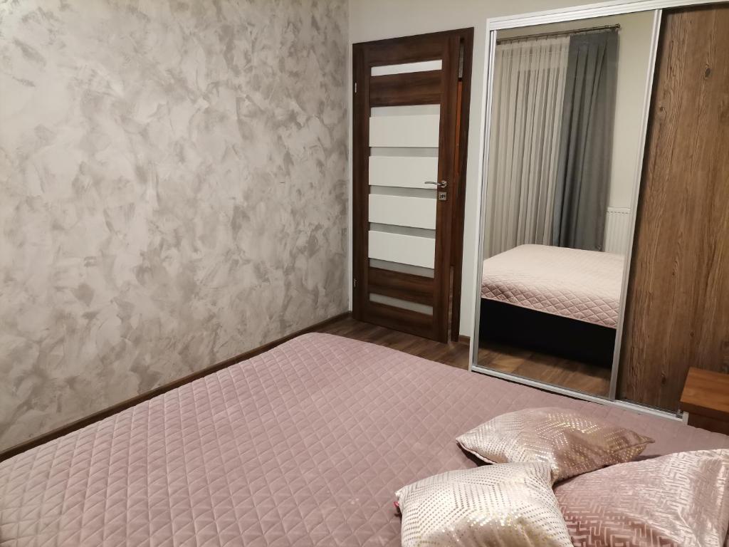 a bedroom with a bed and a mirror at Apartament Widok Polana Szaflarska in Nowy Targ