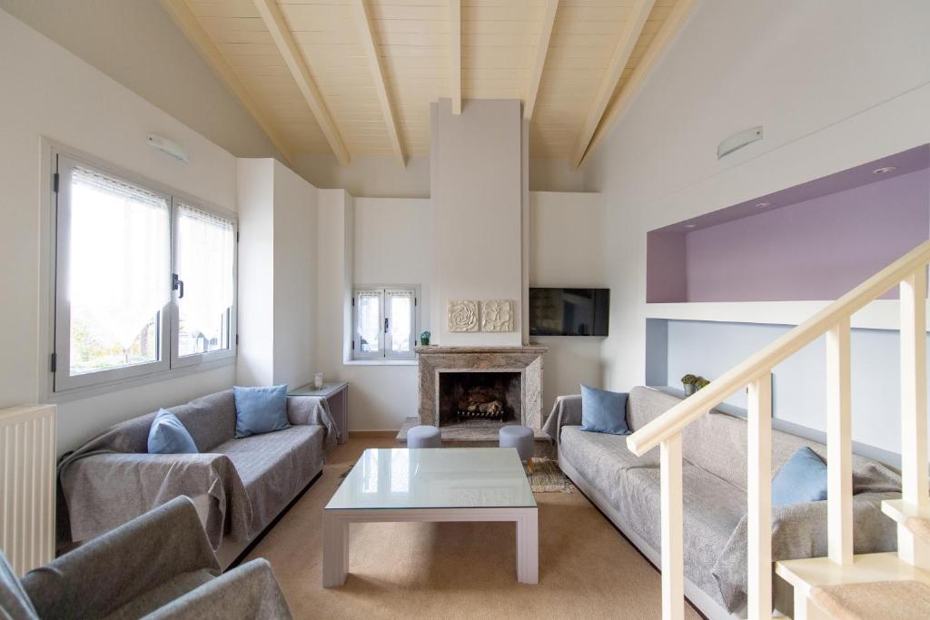 a living room with a couch and a fireplace at Summit Guest House in Kalavrita