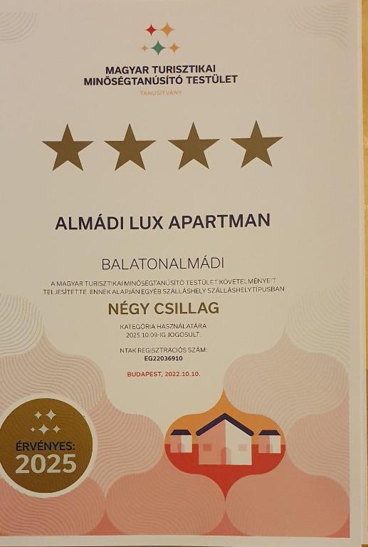 Certifikát, ocenenie alebo iný dokument vystavený v ubytovaní Luxury Apartments in Balatonalmádi, Almádi Lux Apartman I - Ocean Blue