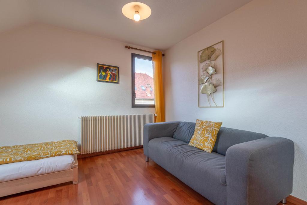a living room with a couch and a bed at Pleasant apartment three minutes from the center of Annecy in Annecy