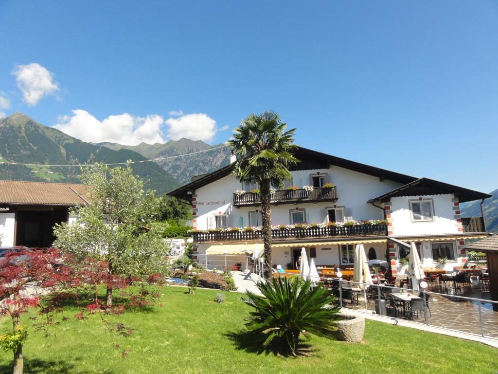 a hotel with a palm tree in front of a building at Garni Schneeburghof in Tirolo