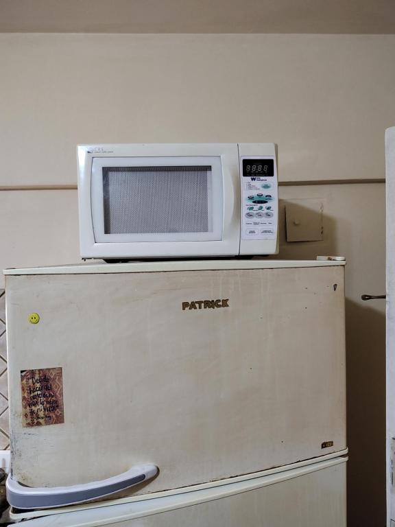 Un four micro-ondes est installé au-dessus d'un réfrigérateur. dans l'établissement Mundo Felix, à Buenos Aires