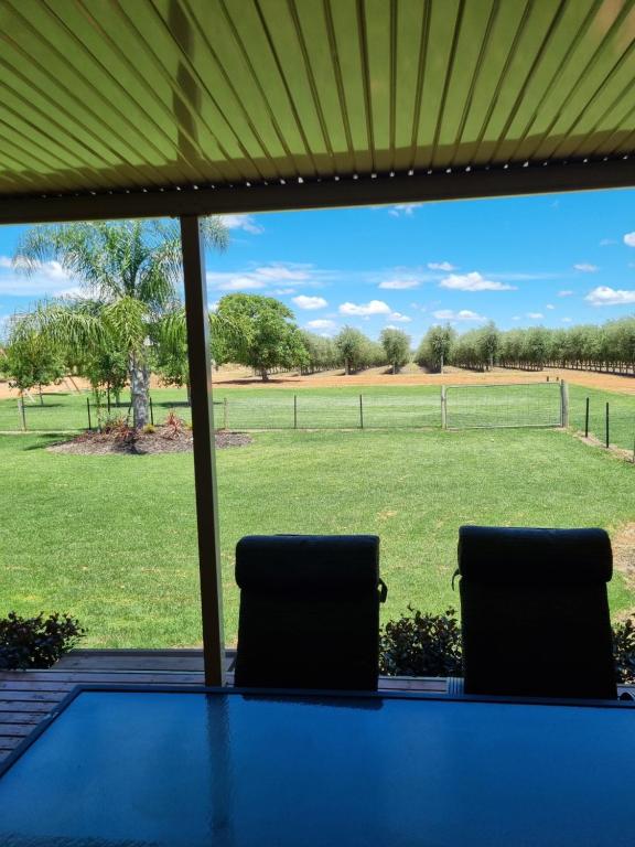 twee stoelen voor een raam met uitzicht op een veld bij Waikerie Olive Grove in Waikerie