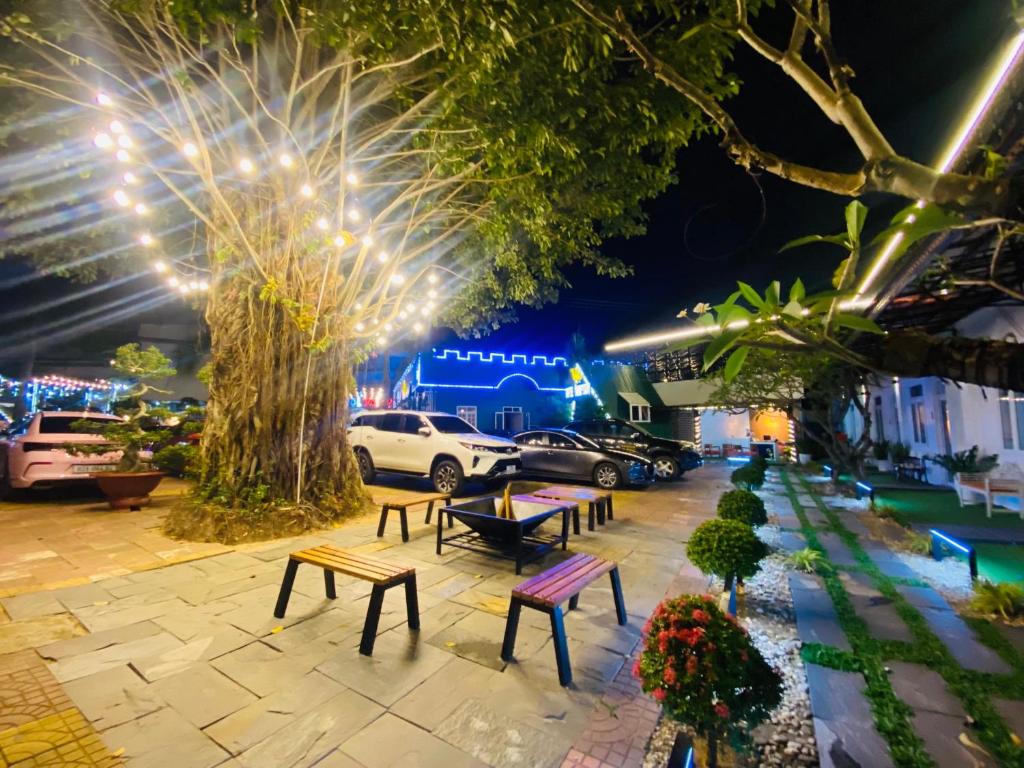 Kon Tum的住宿－D'Villa Hotel - Homestay，夜间有长椅和灯光的公园