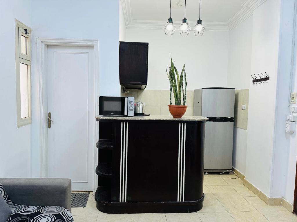 uma cozinha com um balcão, um micro-ondas e um frigorífico em Elephant House with Sea View em Hurghada