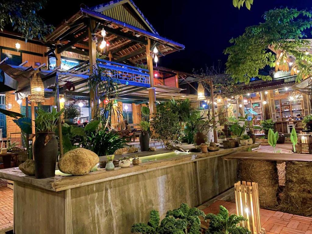 a restaurant with a lot of plants and lights at Thênh Thang Home & Cafe in Mộc Châu