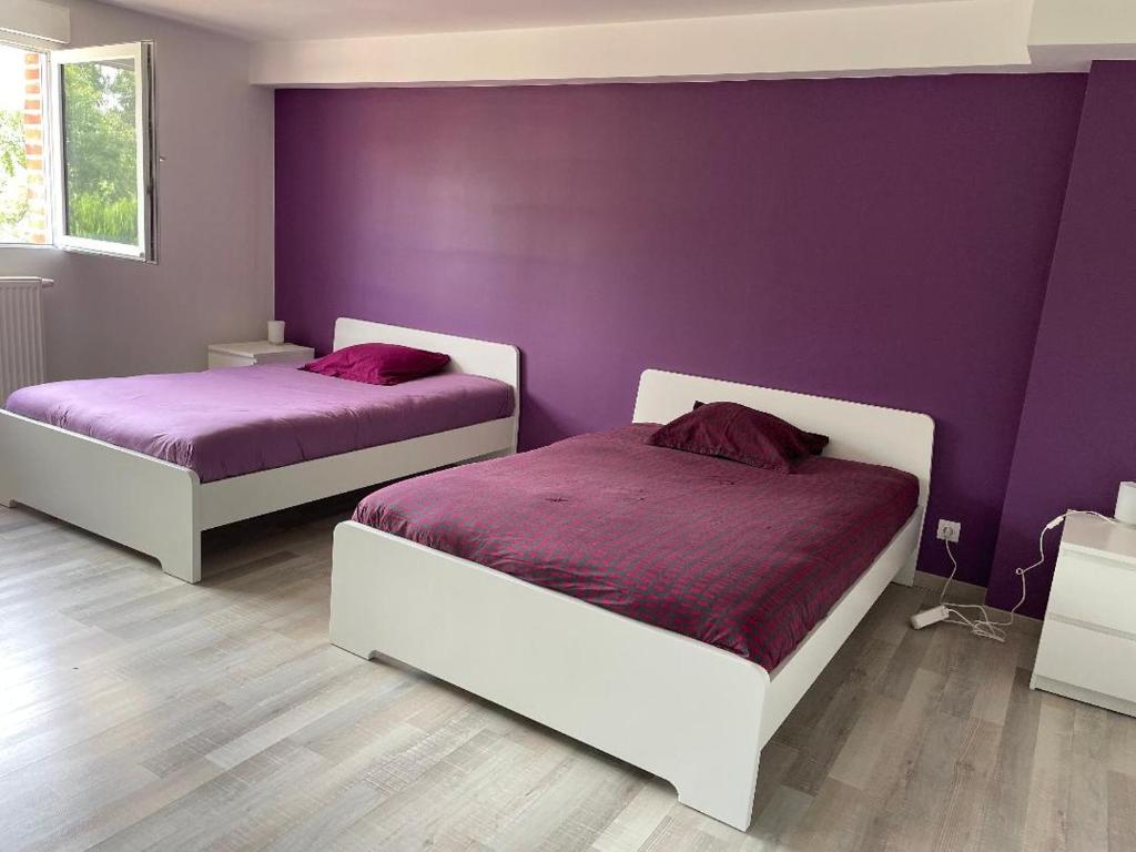2 Betten in einem Zimmer mit lila Wänden in der Unterkunft senechal in Lorette