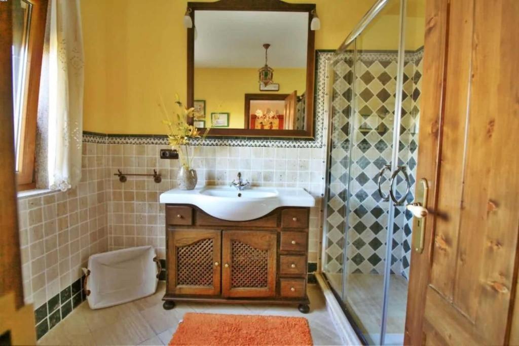 łazienka z umywalką i prysznicem z lustrem w obiekcie Casa Os Castelos w mieście Monteviján