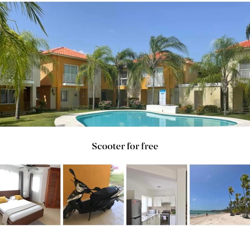 een collage van foto's van een huis en een zwembad bij Punta Cana Apartment and scooter for free in Punta Cana