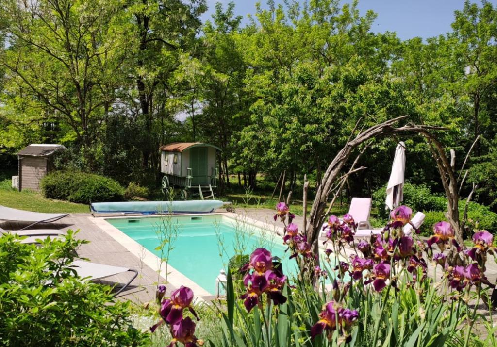 una piscina en un jardín con flores púrpuras en LES DIVINES BOURGOGNE, en La Rochepot