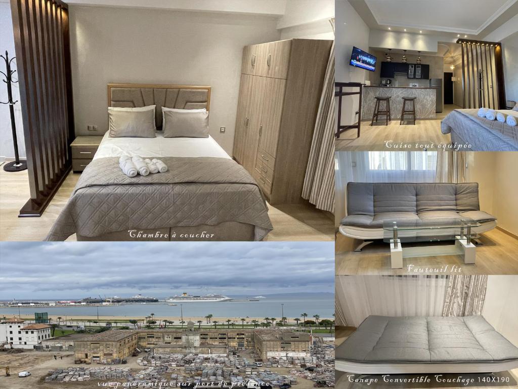 un collage de photos d'une chambre d'hôtel avec un lit dans l'établissement STUDIO BORJ RAYHANE, à Tanger