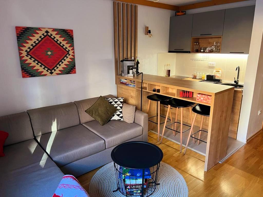 a living room with a couch and a kitchen at Apartment U245 in aparthotel Vucko - private host in Jahorina