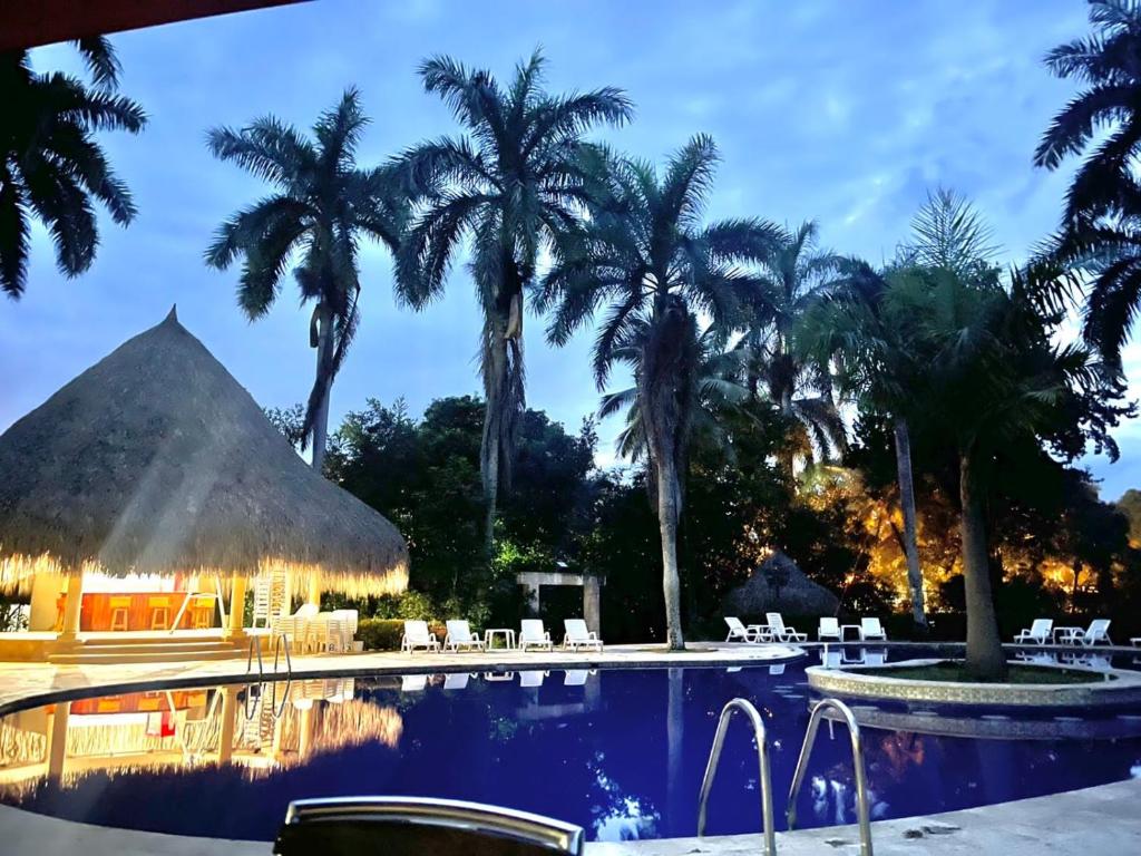 a resort swimming pool with palm trees in the background at Finca Hotel Casa Bela in Santa Fe de Antioquia