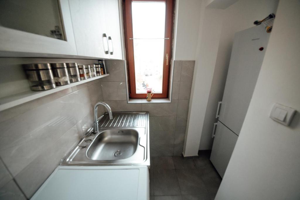 eine kleine Küche mit einem Waschbecken und einem Fenster in der Unterkunft Apartman Petunija in Sjenica