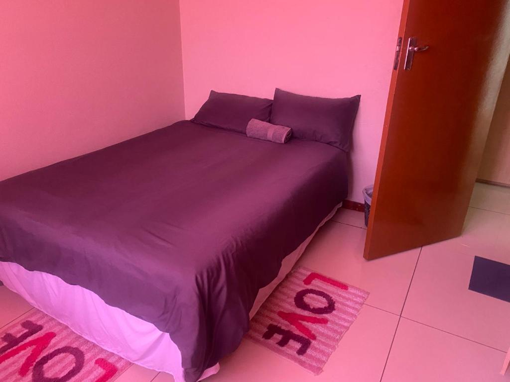 a pink bedroom with a bed with purple sheets at Toke homestay nr 37 omatjene street Cimbabacia in Academia