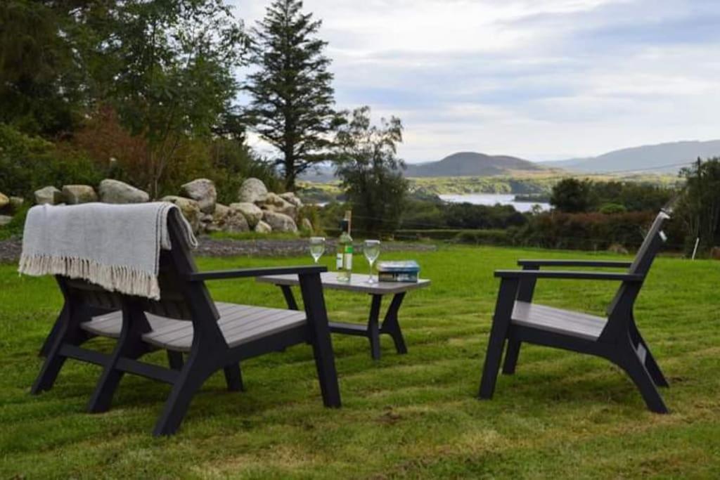 two chairs and a table in the grass at Twin Lake View - Bungalow in Pontoon in Foxford