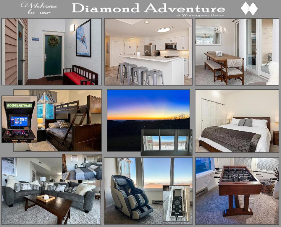 a collage of photos of a living room and a bedroom at Diamond Adventure Slope Side with Foosball and Arcade at Wintergreen Resort in Wintergreen