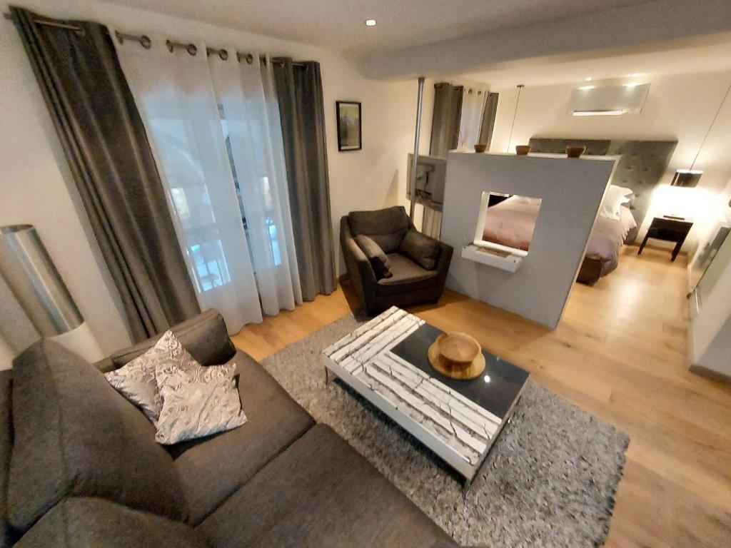 uma sala de estar com um sofá e uma mesa em Boigne Sweet Suite em Chambéry