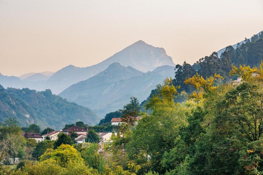 uma vista para um vale com montanhas ao fundo em El Prau de Mito em Cangas de Onís