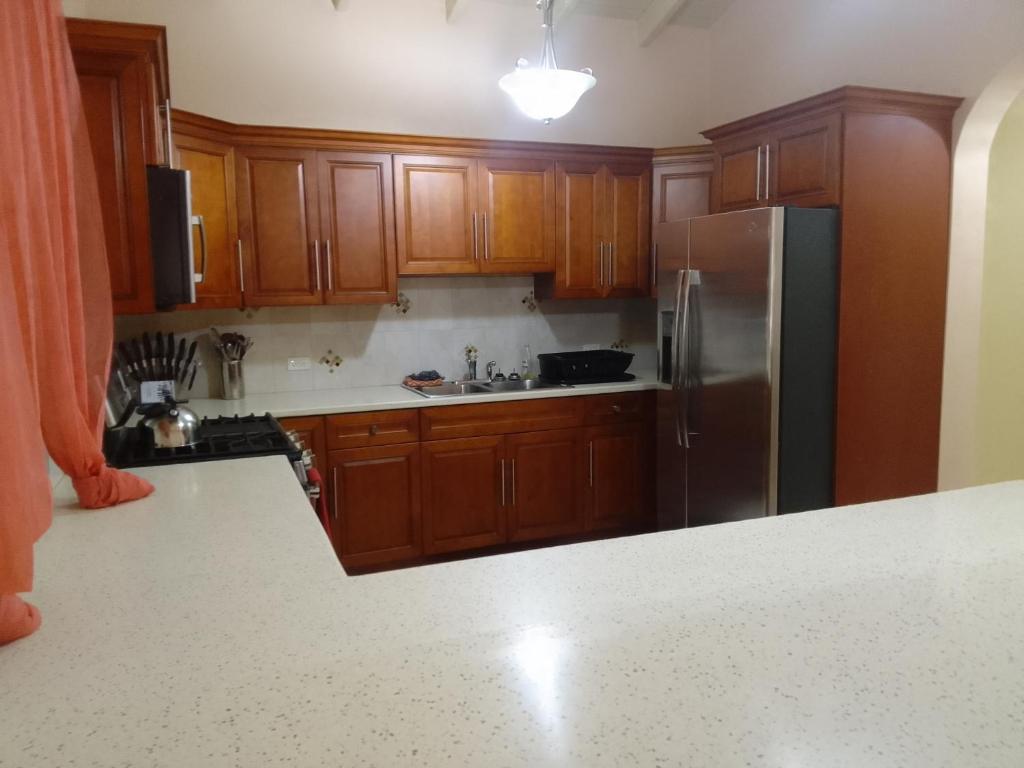 a kitchen with wooden cabinets and a stainless steel refrigerator at Abigail's Sunflower Entire 2 Bedroom Apt in Tortola Island