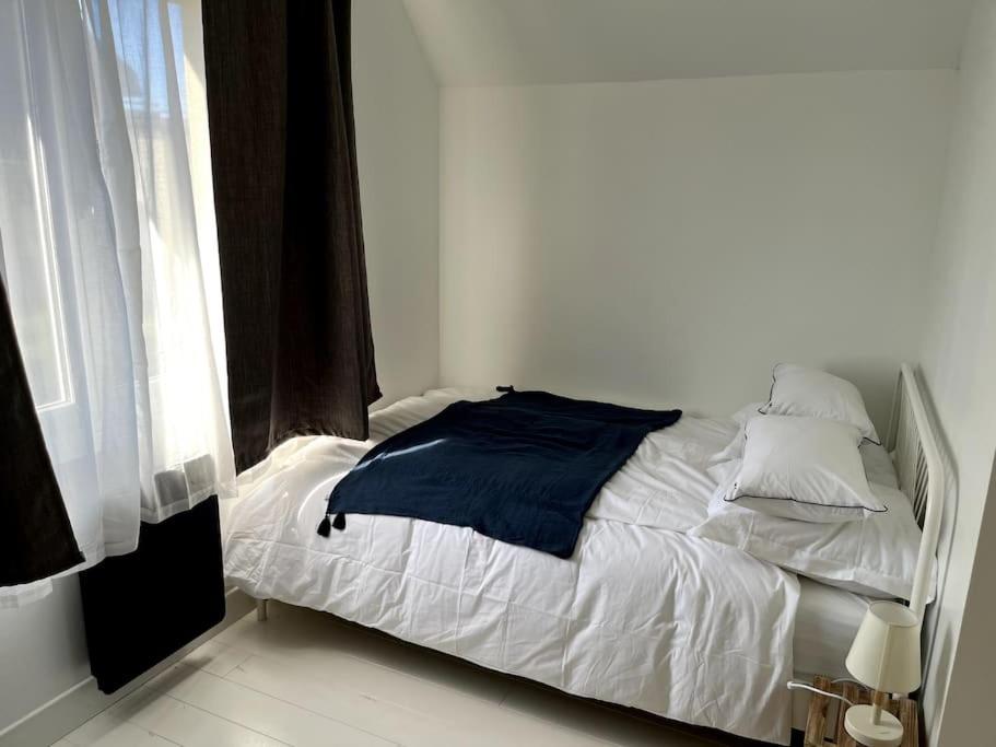 un letto bianco con cuscino blu e finestra di LA CABINE VUE MER a Luc-sur-Mer