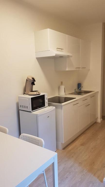 een keuken met witte kasten en een aanrecht bij B44 appartment in Brussel