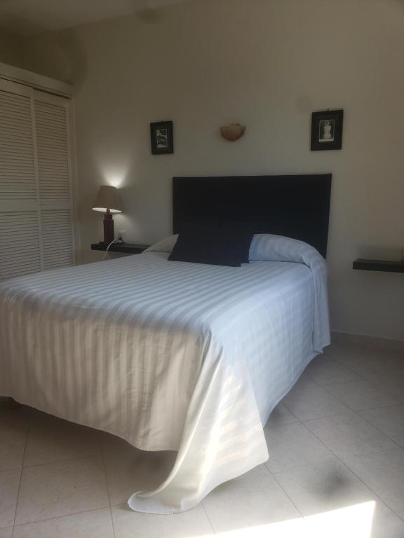 um quarto com uma grande cama branca num quarto em Delfin bnb em Cruz de Huanacaxtle