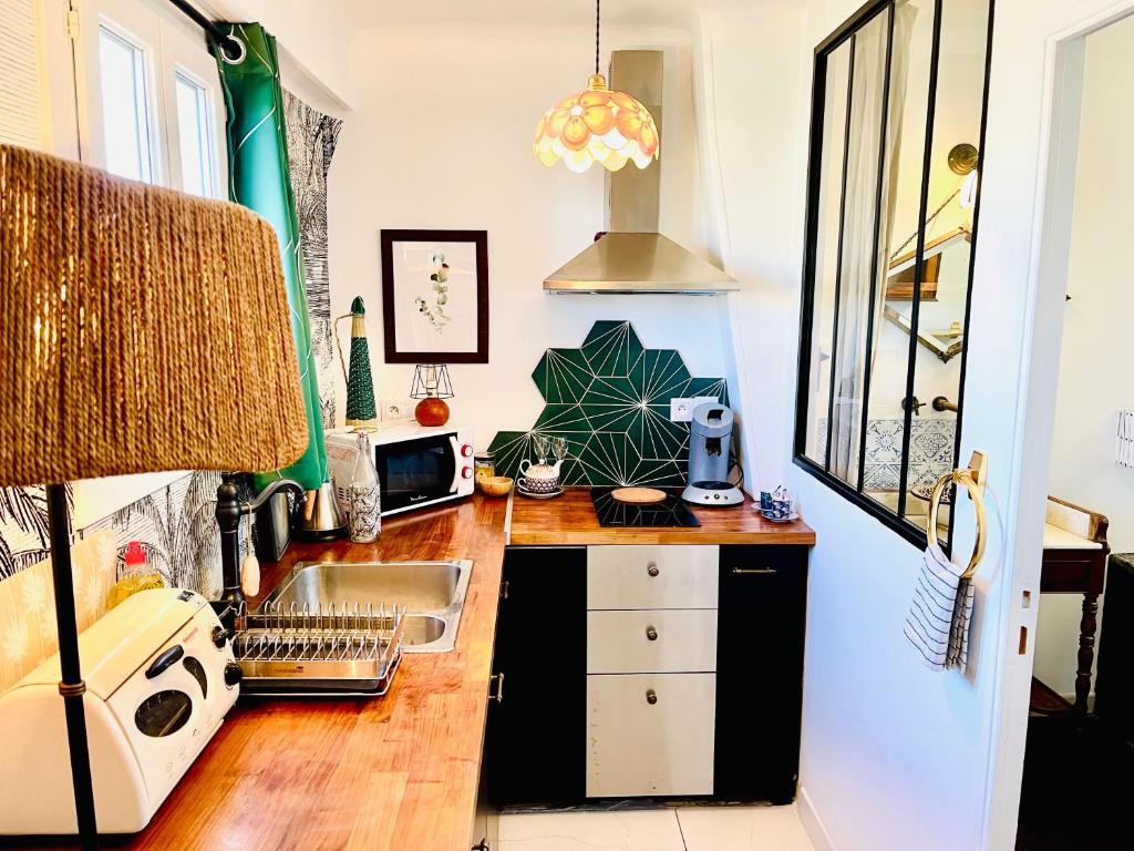 une cuisine avec un évier et un comptoir dans l'établissement Elégant studio sous les toits, à Marseille