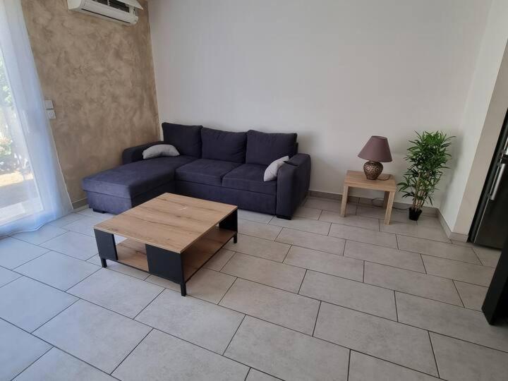 ein Wohnzimmer mit einem blauen Sofa und einem Couchtisch in der Unterkunft Maison - proche centre ville in Céret