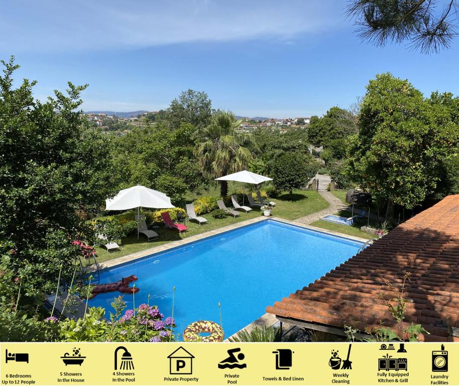 una piscina en un patio con sillas y sombrillas en Quinta da Várzea de Cima en Marco de Canavezes