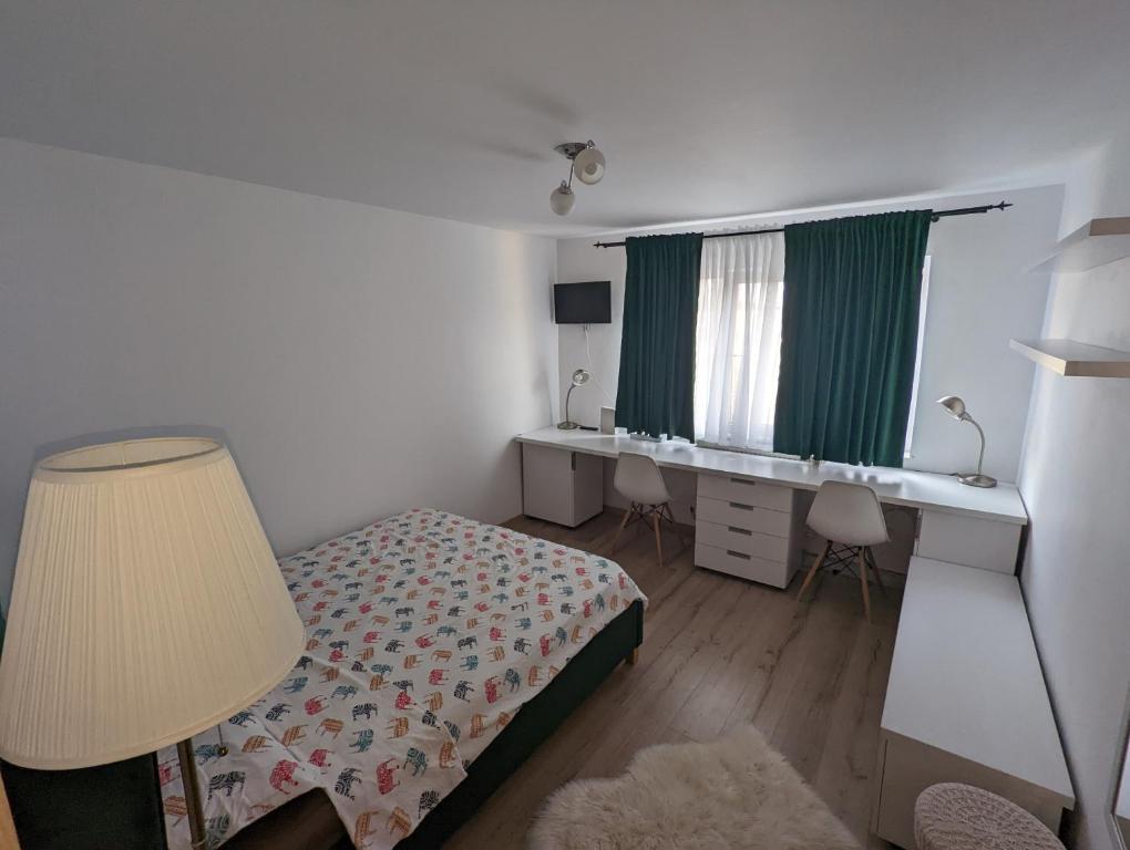 a bedroom with a bed and a desk and a window at Tin Apartment in Vatra Dornei