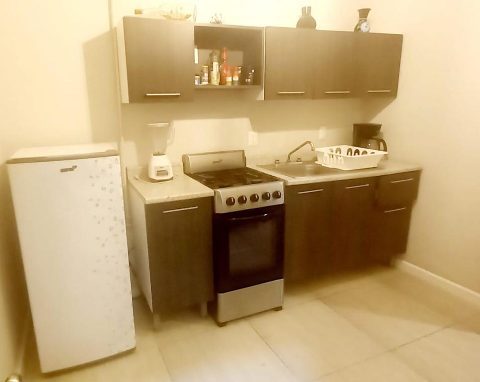 uma pequena cozinha com um fogão e um frigorífico em Departamento Anel en Huatulco em Santa Cruz, Huatulco