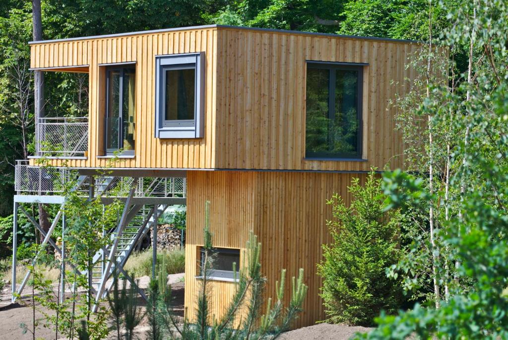 a tiny house in the middle of a forest at Baumwipfel-Resort "Lug ins Land" in Ilsenburg