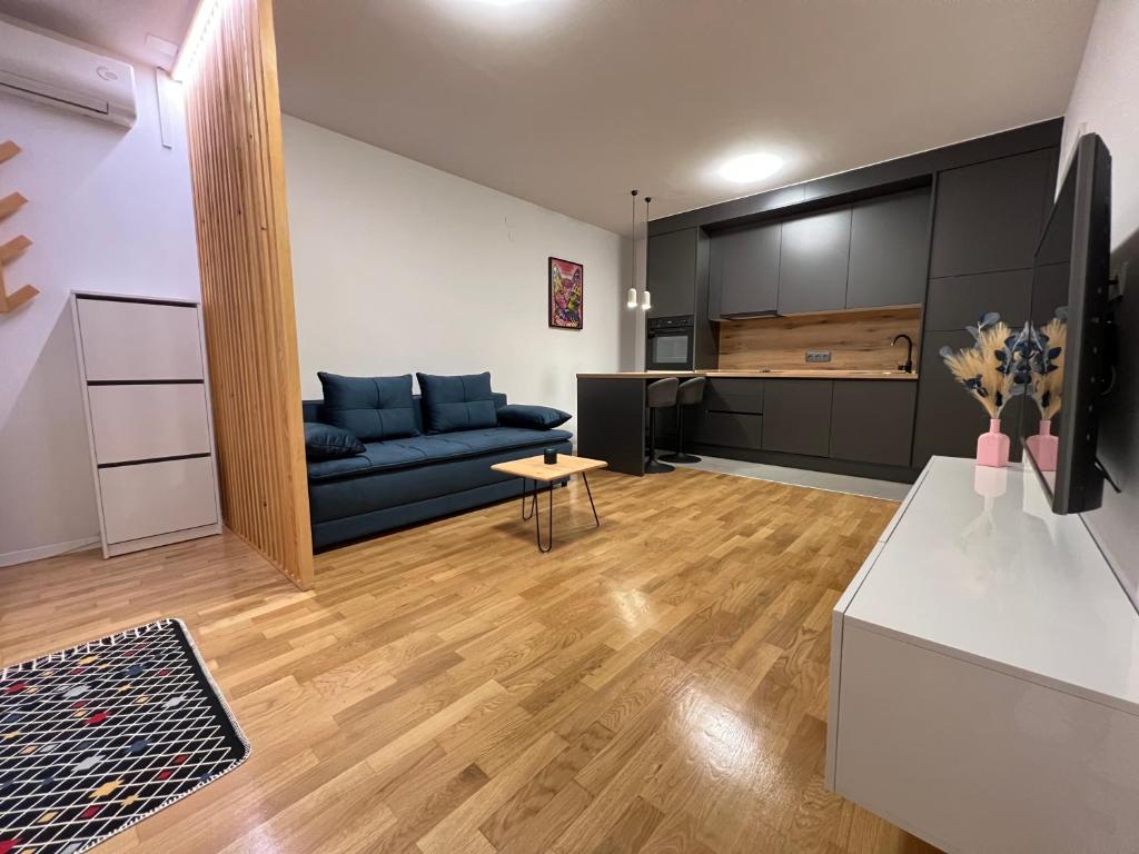 ein Wohnzimmer mit einem blauen Sofa und einer Küche in der Unterkunft Apartmani Paula 