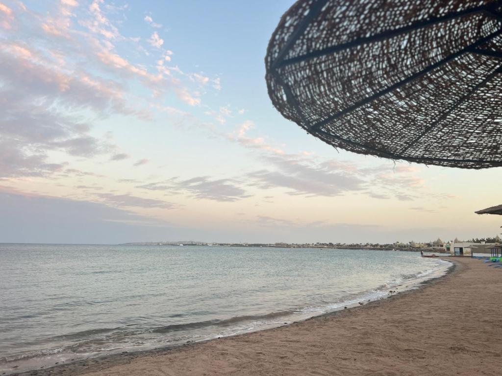 a beach with an umbrella and the ocean at Cecelia resort in Hurghada