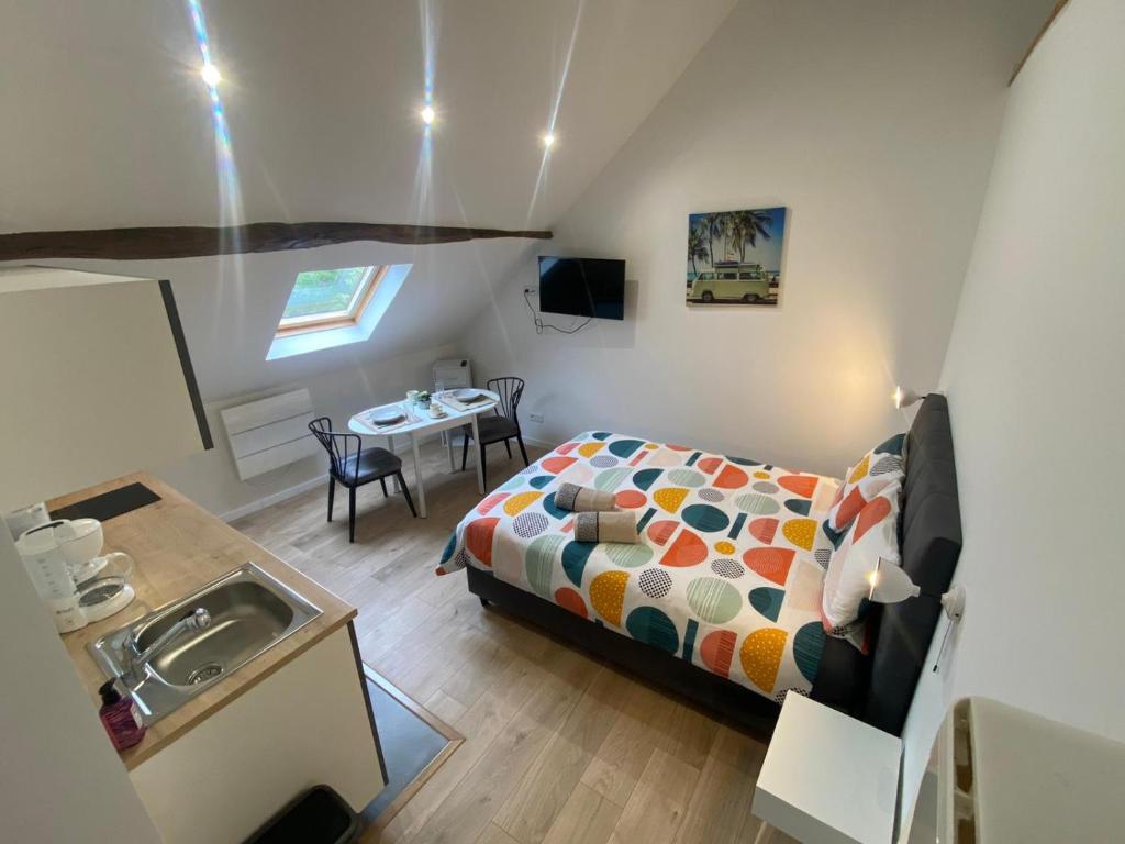 Dormitorio pequeño con cama y lavamanos en Cattleya location, en Vierzon
