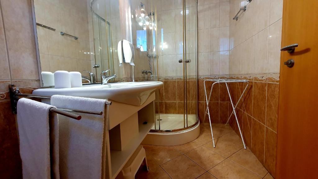 bagno con lavandino e doccia di Éva Panzió a Sárvár