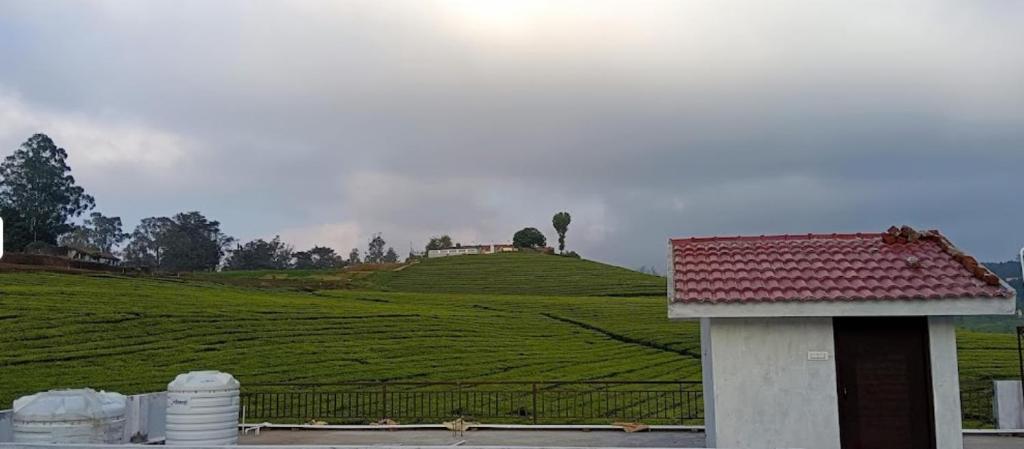 a view of a green hill with a house at Tea Estate view stay in Ooty