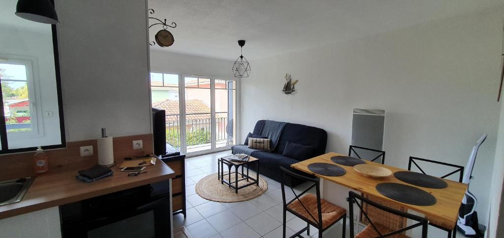 a kitchen and living room with a table and chairs at Colibri Appart&#39; T2 au coeur du Bassin d&#39;Arcachon in Gujan-Mestras