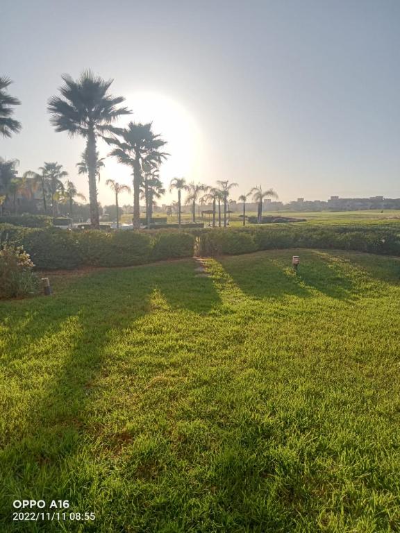 a field of grass with palm trees in the background at Appartement Prestigia Golf Marrakech in Marrakesh