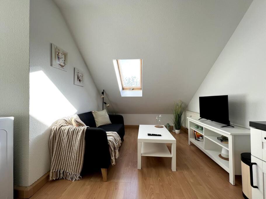 a living room with a couch and a tv at R&L Apartment Wettiner Strasse in Leipzig
