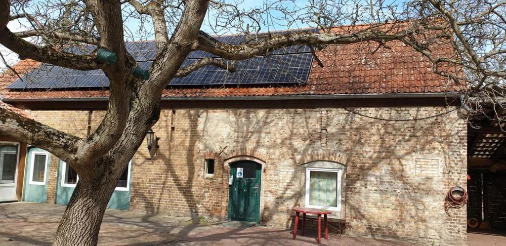 ein Backsteingebäude mit einer grünen Tür und einem Baum in der Unterkunft Montage Wohnung zum Walnussbaum Deutschhof in Deutschhof