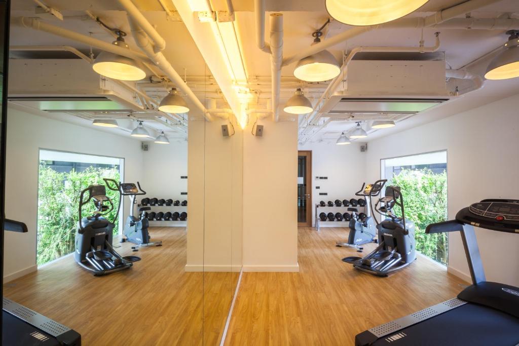 A bright compact gym with cardio machines, free weights, mirrors and windows onto greenery.