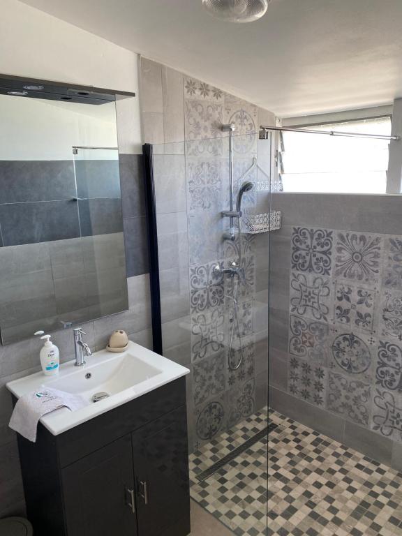 a bathroom with a sink and a shower at La Casita Créole villa avec piscine et jacuzzi in Saint-Pierre