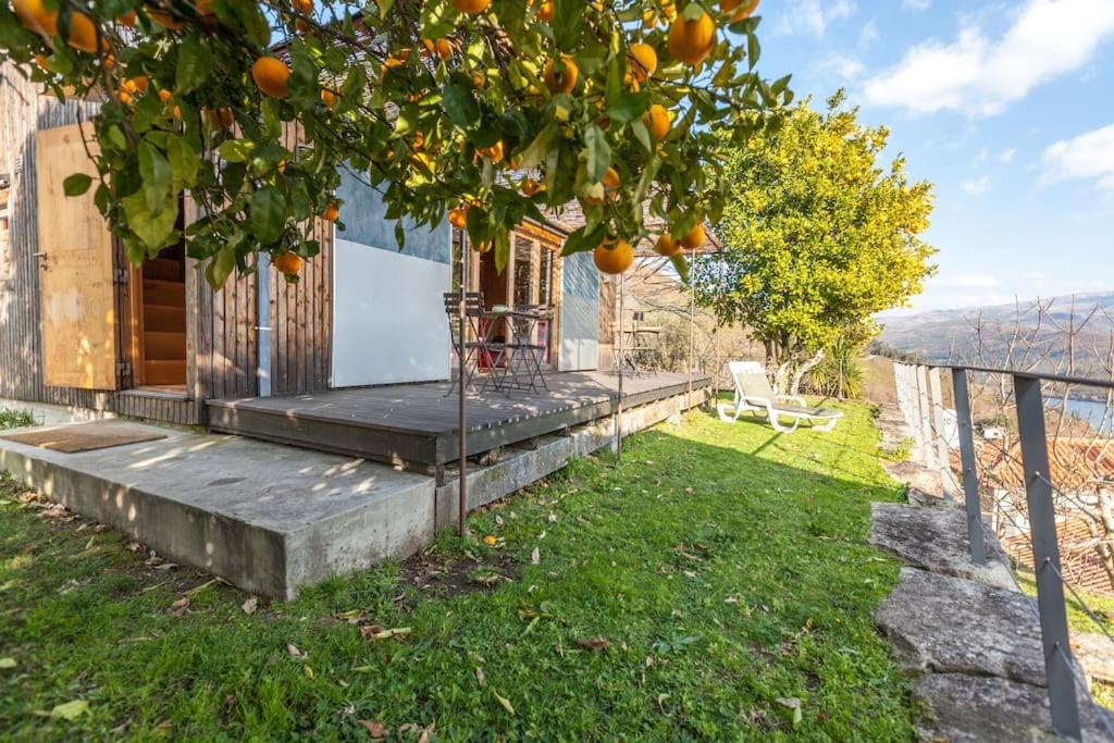 a house with an orange tree in the yard at Casa da Piscina - Casas de Alem - Ecoturismo in Arcos de Valdevez