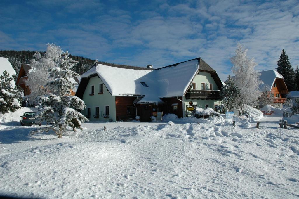 ein schneebedecktes Haus mit Bäumen im Hof in der Unterkunft Pension Holzmeister in Sankt Kathrein am Offenegg