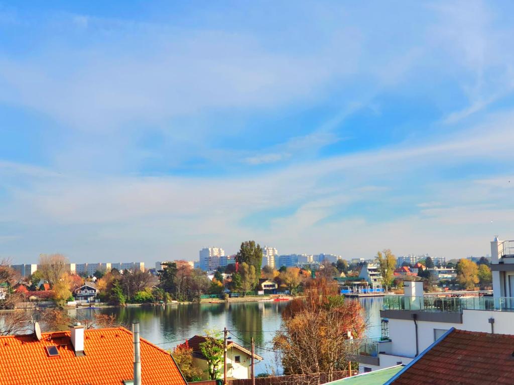 uitzicht op een rivier met een stad op de achtergrond bij Near Lake Stylish & Fully Furnished Apartment in Wenen