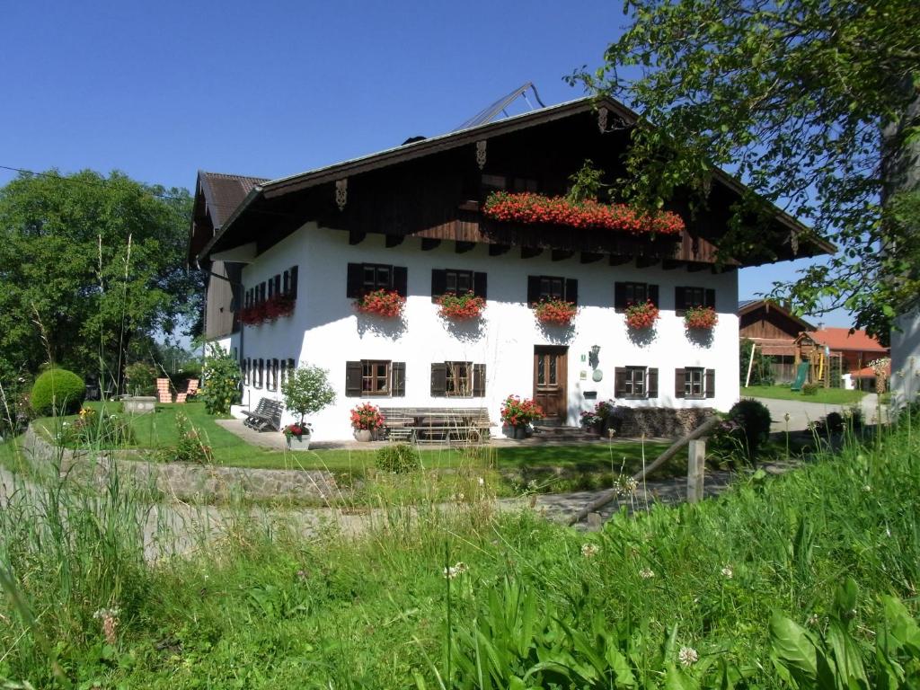 アシャウ・イム・キームガウにあるFerienwohnung Bauernhaus Kailhofの窓際の花の白い家