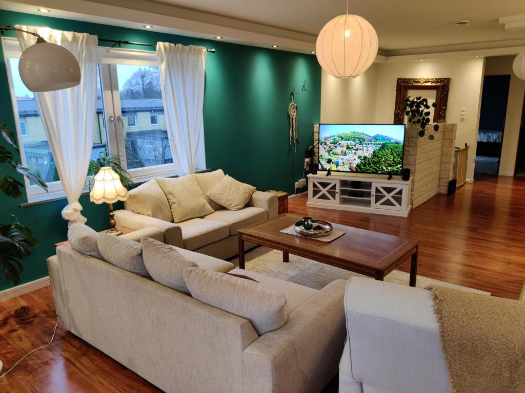 卡特琳娜霍爾姆的住宿－Luxury apartment 130 m2，客厅配有2张沙发和1台平面电视